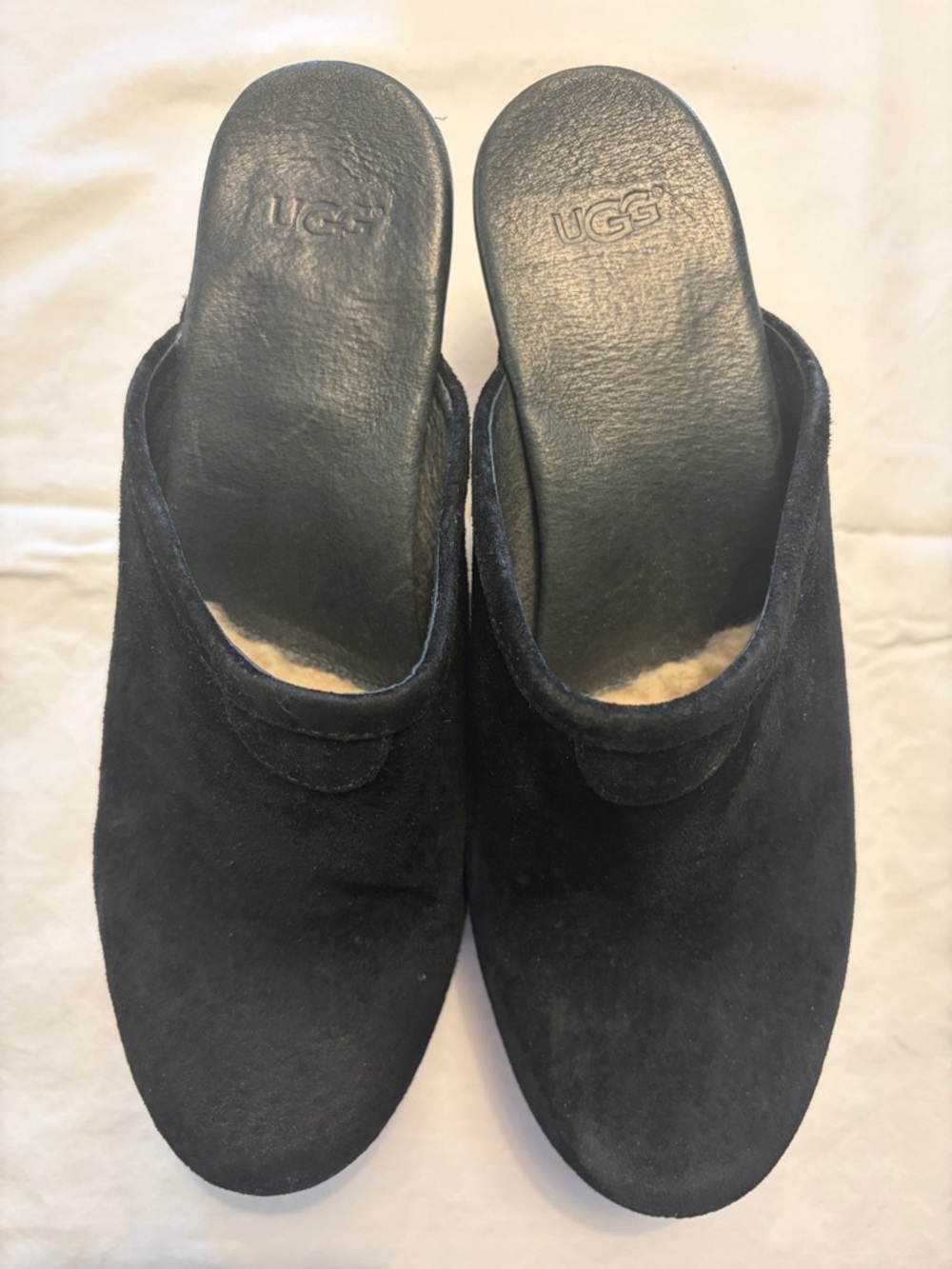 UGG Black Suede Mule Clogs with Shearling Lining